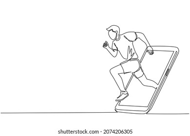 Single one line drawing man runner focus to run fast at track, getting out of smartphone screen. Mobile sports play matches. Online run game with live mobile app. Continuous line draw design vector