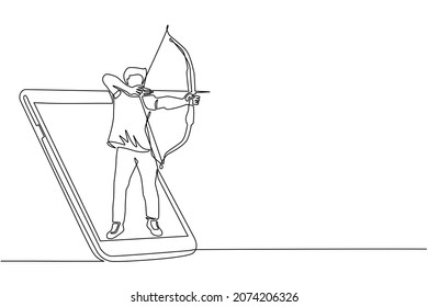 Single one line drawing man with bow and arrow getting out of smartphone screen. Mobile sports play matches. Online archery game with live mobile app. Continuous line draw design vector illustration