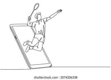 Single one line drawing man badminton player jump hit shuttlecock getting out of smartphone screen. Online badminton game with live mobile app. Continuous line draw design graphic vector illustration
