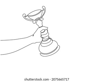 Single One Line Drawing Man Hand Holding Gold Cup Award Icon. Winner Prize Goblet. First Place Champion Trophy Reward. Success And Business Goals. Modern Continuous Line Draw Design Graphic Vector