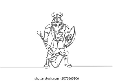 Single one line drawing man warrior viking in horned helmet holding hammer and shield. Cartoon character male with weapon standing in belligerent pose. Continuous line draw design vector illustration