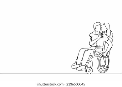 Single one line drawing man in wheelchair after car accident and his wife to give encouragement. Mutual care has made people with disabilities equality in society. Continuous line draw design vector