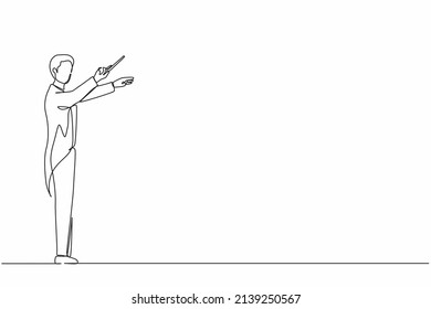 Single One Line Drawing Man Music Conductor. Male Musician Perform On Stage Directing Symphony Orchestra. Classical Music Performance, Instrumental Ensemble. Continuous Line Draw Design Graphic Vector