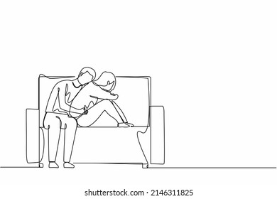 Single one line drawing man giving comfort   support to woman  hugging her shoulder  Girl feeling stress  loneliness  anxiety  Counseling  empathy  Continuous line draw design graphic vector