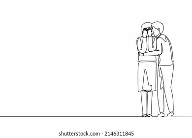 Single one line drawing man comforting her crying best friend. Depressed woman covering face with hands, her husband consoling, care about her. Help and support. Continuous line graphic design vector