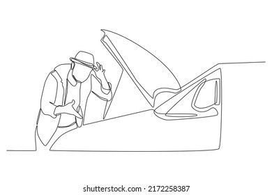 Single one line drawing man standing confused in front of car hood. His car was broken on the side of the road. Road and traffic concept. Continuous line draw design graphic vector illustration.