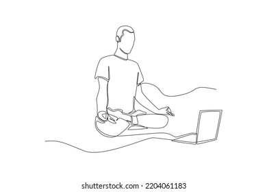 Single one line drawing Man having yoga course online via laptop at home. Virtually concept. Continuous line draw design graphic vector illustration.