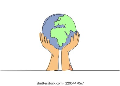 Single one line drawing of man holding global earth. Save nature icon silhouette concept. Infographics, green environment campaign isolated on white background. Design vector graphic illustration