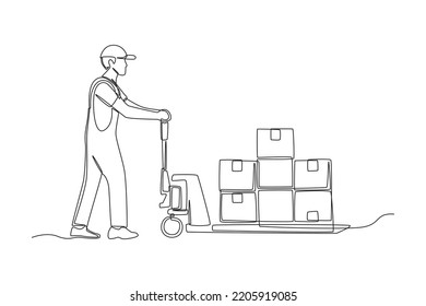 Single one line drawing man pushing hand pallet for moving box. Shipment and logistic concept. Continuous line draw design graphic vector illustration. - Shutterstock ID 2205919085