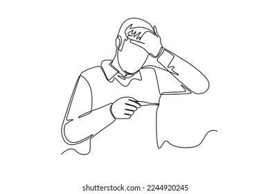 Single one line drawing man headache have a fever, flu and check thermometer measure body temperature. Sick people concept. Continuous line draw design graphic vector illustration.