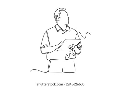 Single one line drawing man manager using tablet check and control for Modern Trade warehouse logistics. Supply chain management concept. Continuous line draw design graphic vector illustration. 