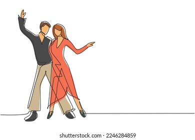 Single one line drawing man and woman professional dancer couple dancing tango, waltz dances on dancing contest dancefloor. Night party. Modern continuous line draw design graphic vector illustration