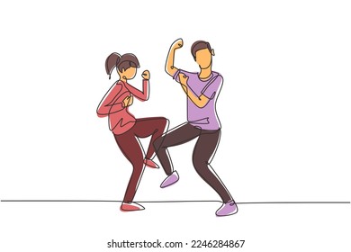 Single one line drawing man woman dancing Lindy hop or Swing together. Male and female characters performing dance at school or party. Modern continuous line draw design graphic vector illustration
