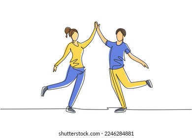 Single one line drawing man and woman performing dance at school, studio, party. Male and female characters dancing tango at Milonga. Modern continuous line draw design graphic vector illustration