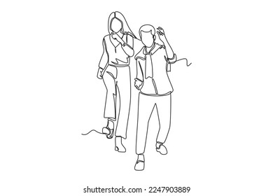 Single one line drawing Man and woman having fun walking together in the park. Hangouts With Friends concept. Continuous line draw design graphic vector illustration.