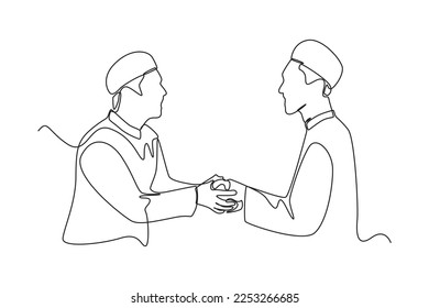 Single one line drawing a man giving alms to the other person. Ramadan activity Concept. Continuous line draw design graphic vector illustration.