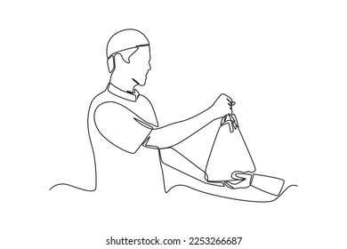 Single one line drawing a man giving alms to the other person. Ramadan activity Concept. Continuous line draw design graphic vector illustration.