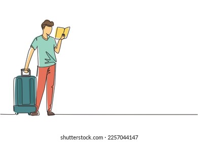 Single one line drawing man reading textbook. Male student standing with open book in hands and suitcase. Enthusiastic reader for educational and hobby. Continuous line draw design vector illustration