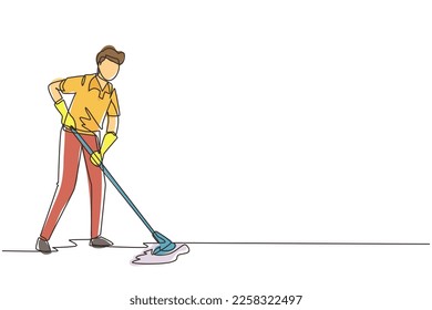 Single one line drawing man mopping floor in uniform. Male cleaner janitor cleaning the office. Cleaning service and hospital disinfection. Modern continuous line draw design vector illustration