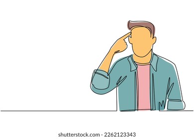 Single one line drawing man touching his temples and remembering something. Male holding finger on head and feeling tired exhausted, chronic work stress. Continuous line draw design graphic vector