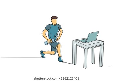 Single one line drawing man doing fitness at home in online classes using his laptop. Fitness online course concept. Online sports training on laptop. Modern continuous line draw design graphic vector