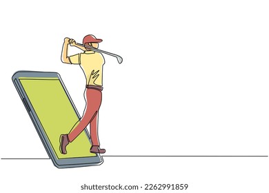 Single one line drawing man golf player swing golf club getting out of smartphone screen. Mobile sports play matches. Online golf game with live mobile app. continuous line draw design graphic vector