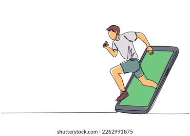 Single one line drawing man runner focus to run fast at track, getting out of smartphone screen. Mobile sports play matches. Online run game with live mobile app. Continuous line draw design vector