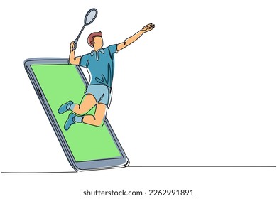 Einzelne Linie zeichnen Mann badminton Spieler springen Shuttlecck aus Smartphone-Bildschirm. Online-Badminton-Spiel mit live mobiler App. Grafische Vektorgrafik für kontinuierliche Zeilenzeichnung