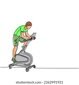Un dibujante de una sola línea haciendo cardio. Moto estatista. Ejercicio giratorio. Joven haciendo ejercicio de rutina en casa usando bicicleta estática. Ilustración de líneas continuas moderna de diseño gráfico vectorial