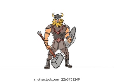 Hombre guerrero de una sola línea dibujando en casco con cuernos sosteniendo martillo y escudo. Caricatura masculina con arma en posición beligerante. Ilustración vectorial de dibujo de línea continua