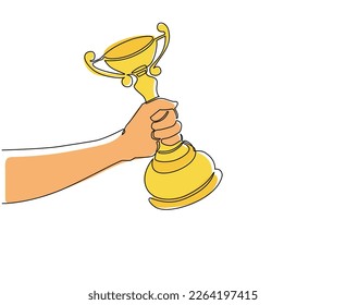 Single one line drawing man hand holding gold cup award icon. Winner prize goblet. First place champion trophy reward. Success and business goals. Modern continuous line draw design graphic vector