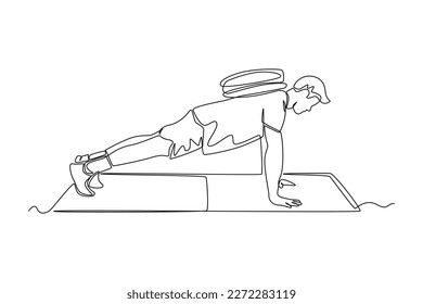 Single one line drawing Man doing push up. Fitness activity concept. Continuous line draw design graphic vector illustration.