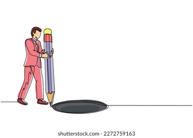 Single one line drawing man making circle of holes with large pencil. Business cheating businessman making hole trap. Metaphor. Failure. Defeat. Continuous line draw design graphic vector illustration