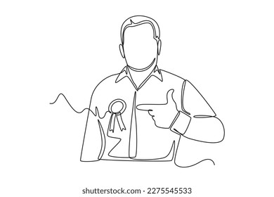 Single one line drawing the man pointed at the award ribbon on his chest proudly. Employee appreciation day concept. Continuous line draw design graphic vector illustration.