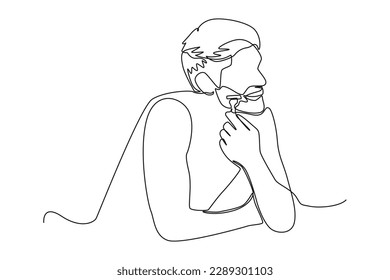 Single one line drawing man shaving his beard. Bathroom activities concept. Continuous line draw design graphic vector illustration.