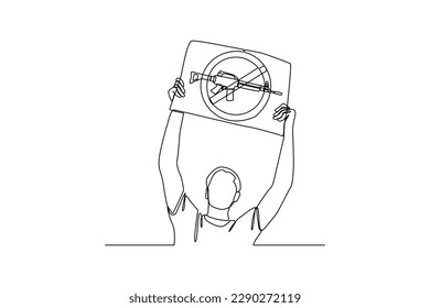 Single one line drawing man lifting anti terrorism paper. Anti terrorism concept. Continuous line draw design graphic vector illustration.