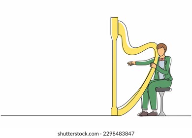 Single one line drawing man musician playing harp. Classical music performer character with musical instrument. Male sitting and playing harp. Continuous line draw design graphic vector illustration