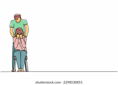 Una sola línea dibujando a un hombre reconfortando a una mujer llorando y tocándole los hombros. Las mujeres sufren de ansiedad, soledad, tratando de hacer frente a la depresión o la pérdida. Vector de diseño gráfico de línea continua