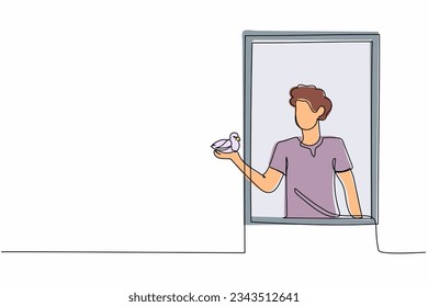 Single one line drawing man opens window. Summer or spring season, young guy with bird in arms. Happy male on balcony, fresh air. Plants, greenery. Continuous line design graphic vector illustration
