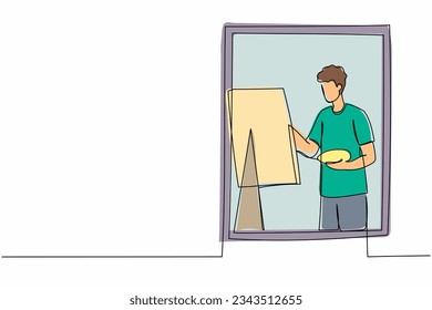 Un pintor de dibujo de una sola línea dibujando una ventana interior cercana. Hombre sujetando pincel y paleta, dibujando sobre lienzo. Artista pintando en casa. Ilustración vectorial de diseño de línea continua