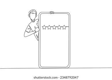 Single one line drawing man stands behind giant smartphone, but head and body appear and hands give thumbs up gesture. Online shop concept. Review 5 stars. Continuous line design graphic illustration
