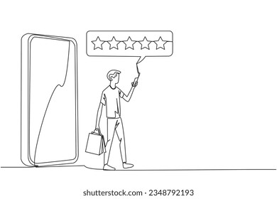 Single one line drawing man comes out of giant smartphone carrying a shopping bag, the other hand typing smartphone. Online shopping concept. Ecommerce. Continuous line design graphic illustration