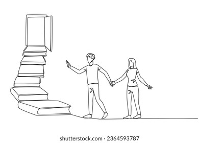 Single one line drawing man woman climb the stairs from the book stack. Towards the wide open door. Metaphor of finding answers from books. Book festival. Continuous line design graphic illustration