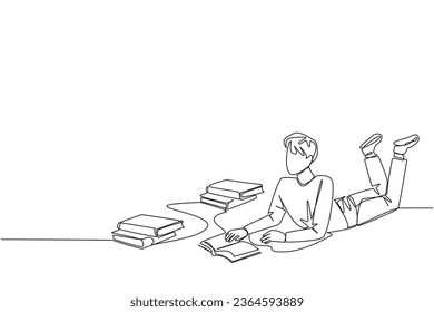 Single one line drawing man who really likes reading. Everyday one book is read. Good habit. There is no day without reading book. Book festival concept. Continuous line design graphic illustration