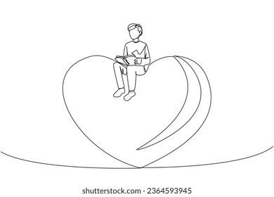 Single one line drawing man sitting on big heart. Reading the romantic fiction books. Enjoy the storyline. Hobby reading story books. Book festival concept. Continuous line design graphic illustration