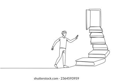 Single one line drawing man climb the stairs from the book stack. Towards the wide open door. Metaphor of finding the answers from books. Book festival. Continuous line design graphic illustration