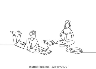 Single one line drawing man and woman who really likes reading. Everyday one book is read. Good habit. There is no day without reading book. Book festival concept. Continuous line graphic illustration