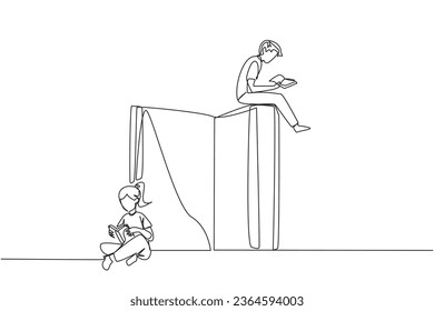 Single one line drawing man woman sitting reading the books while the big book is open. Serious and focus learning increases insight. Book festival concept. Continuous line design graphic illustration