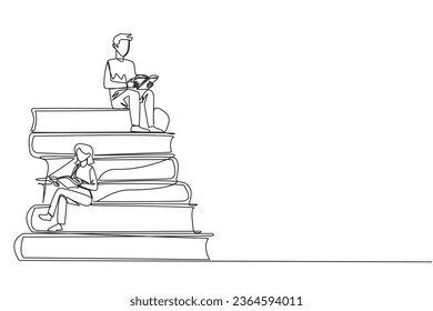 Single one line drawing man woman sitting on a pile of books reading a book. High interest in reading. Opening horizons of thinking. Book festival concept. Continuous line design graphic illustration