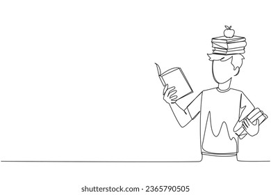 Single one line drawing man reading book practicing balance. Stack books on top of head along with the apple. Balancing reading rhythm, train focus. Read. Continuous line design graphic illustration